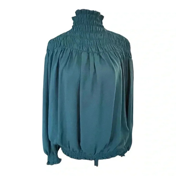 Teal blouse with Roushed mock turtleneck and Bubble Hem Small - Picture 1 of 7
